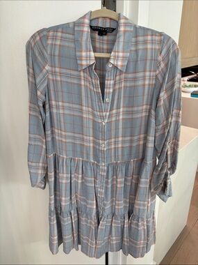 Veronica Beard Light Blue and Orange Plaid Tiered Button-Front Dress